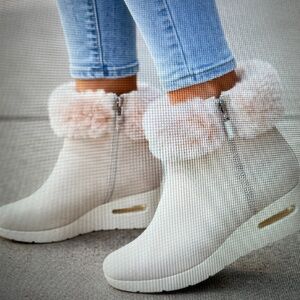 DKNY Abri-Wedge Ankle B Boots Shoes Micro White Faux Leather & Fur Women’s 6